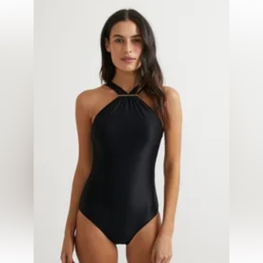 Women’s Bossa Nossa black high neck one piece swim suit size large
